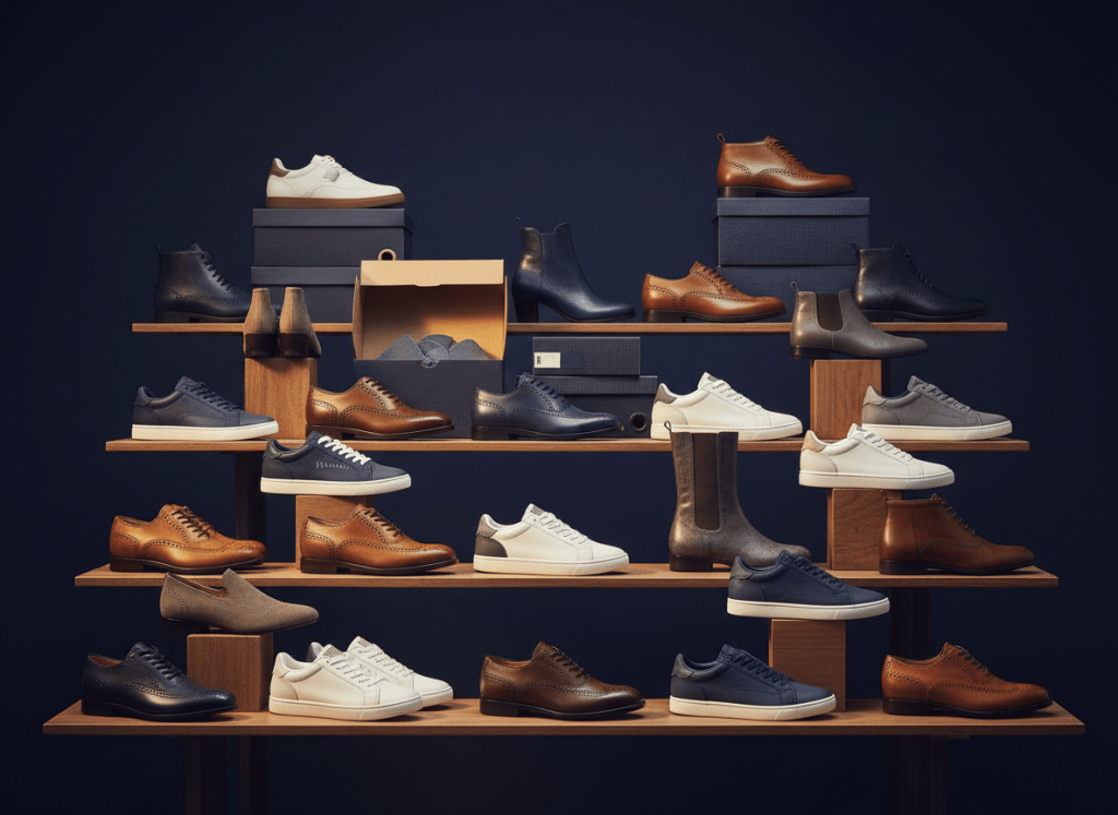 Exhibición de zapatos variados en estantes