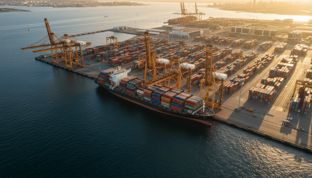 Barco de carga con contenedores en un puerto