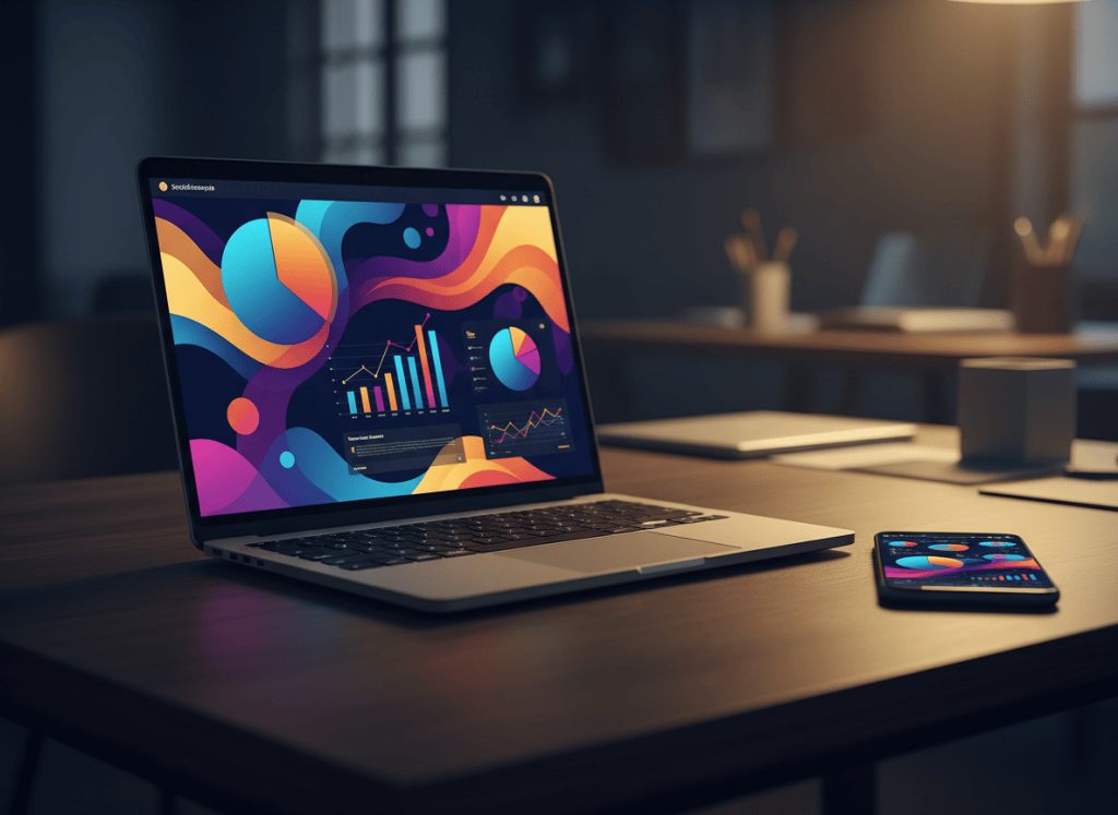 Laptop y celular con paneles de redes sociales