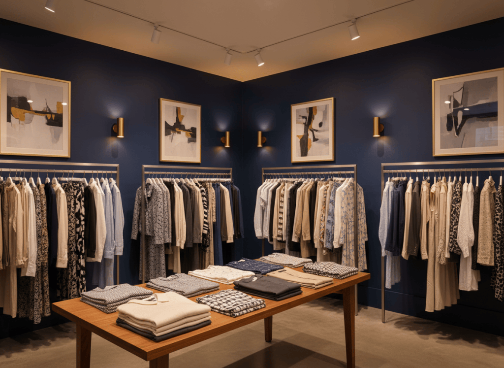 Percheros con ropa en una sala de exhibición